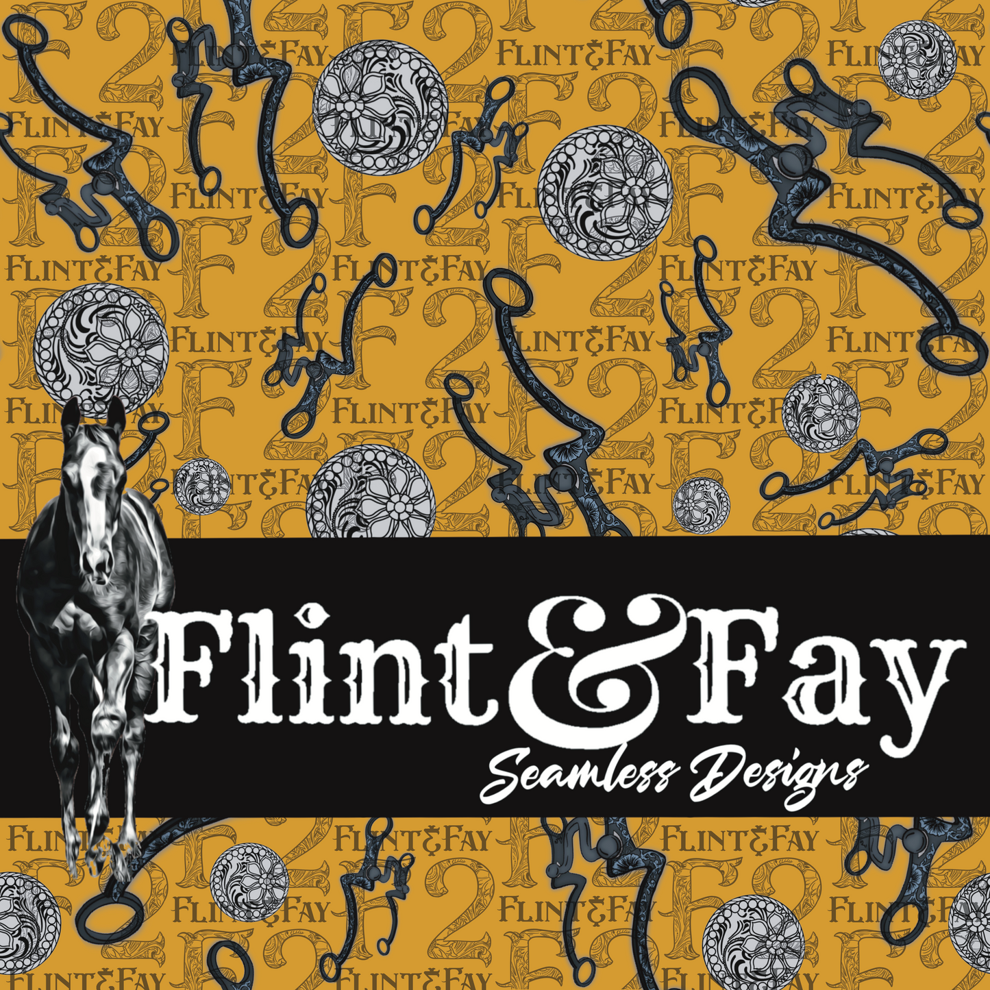 Western Bit & Concho Mustard Seamless Pattern